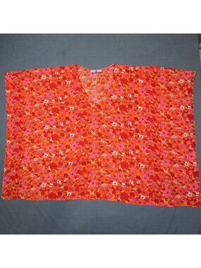 Buddy Love Womens Orange Floral Print V-Neck Top Large Oversized Boxy NEW